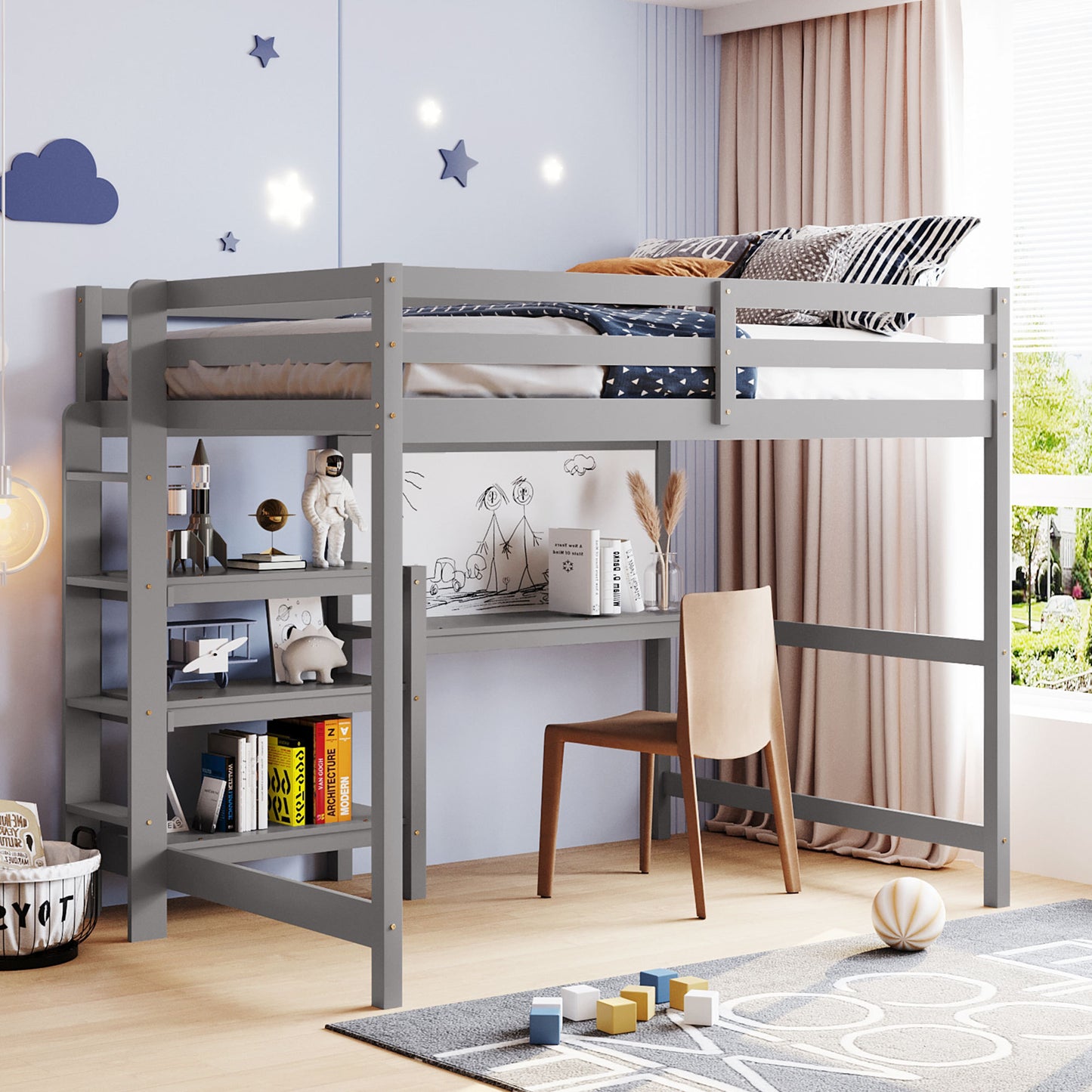 Full Size Wooden Loft Bed with Shelves, Desk and Writing Board - Gray