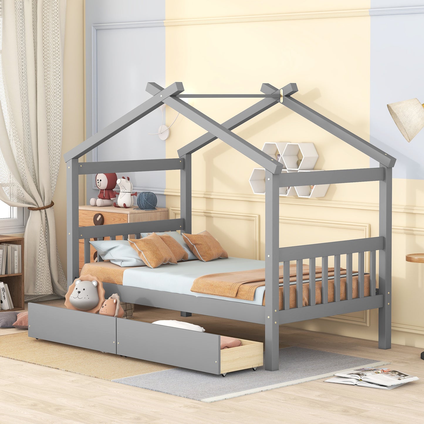 Twin Size Wooden House Bed with Drawers, Gray