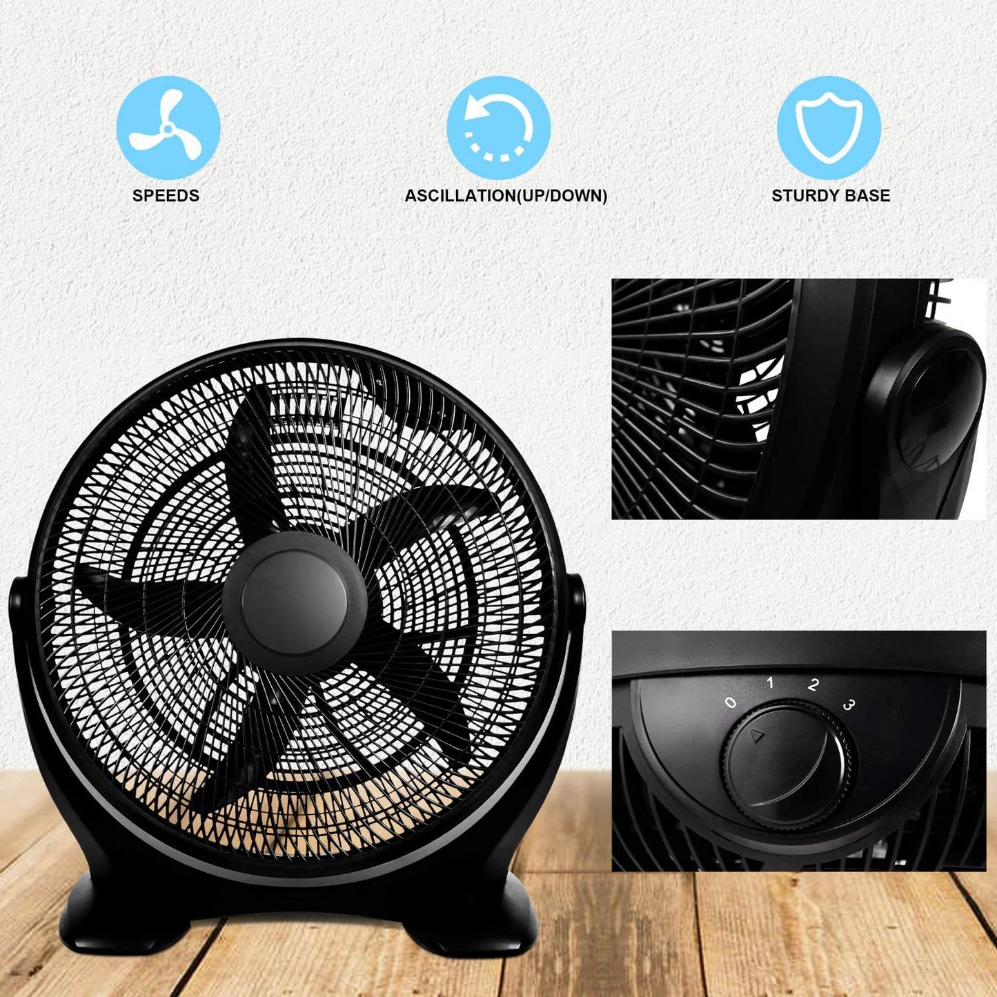 Simple Deluxe 14 Inch 3-Speed Plastic Floor Fans Oscillating Quiet for Home Commercial, Residential, and Greenhouse Use, Outdoor/Indoor, Black