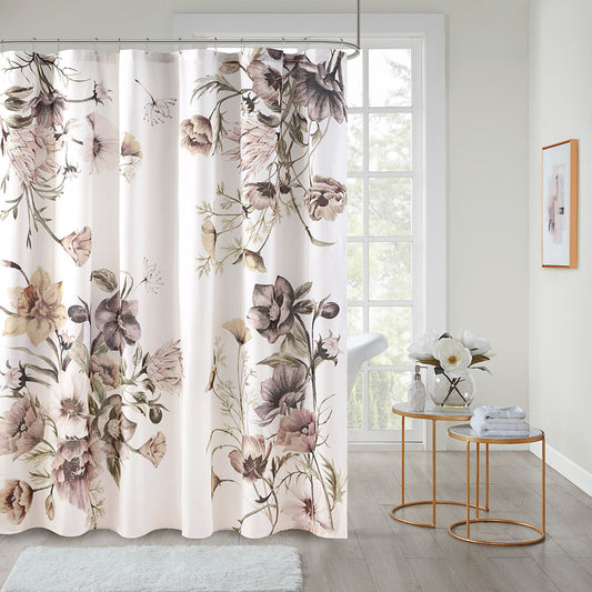 Elegant Blush Floral Cotton Shower Curtain