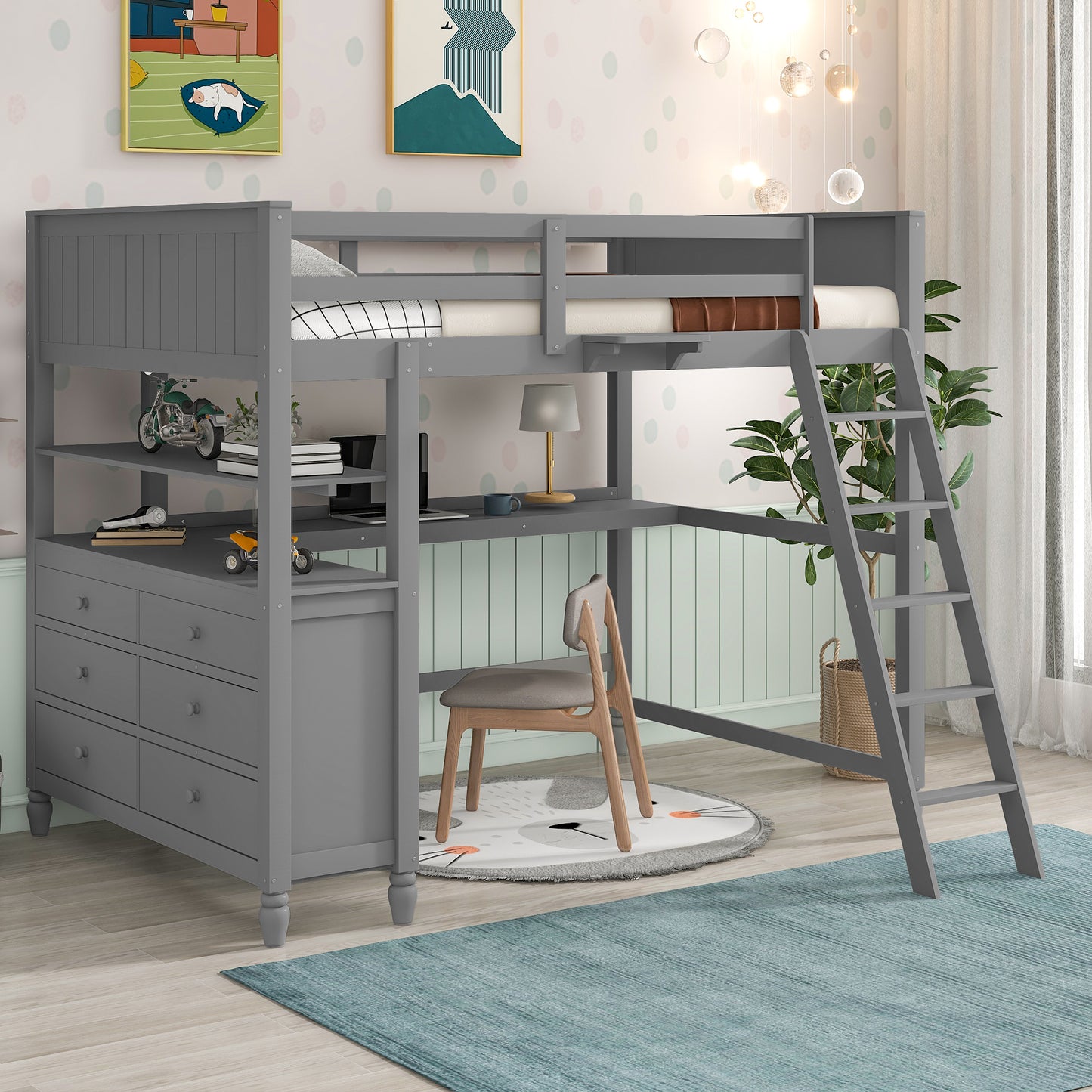 Full size Loft Bed with Drawers and Desk, Wooden Loft Bed with Shelves - Gray