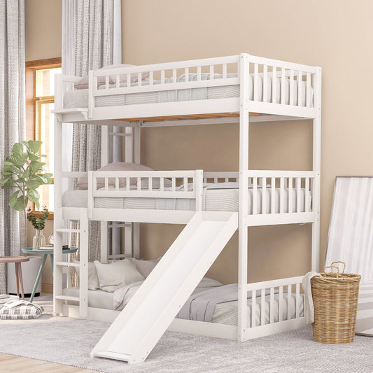 Triple Bunk Bed with Slide and Ladder for Kids, White Finish