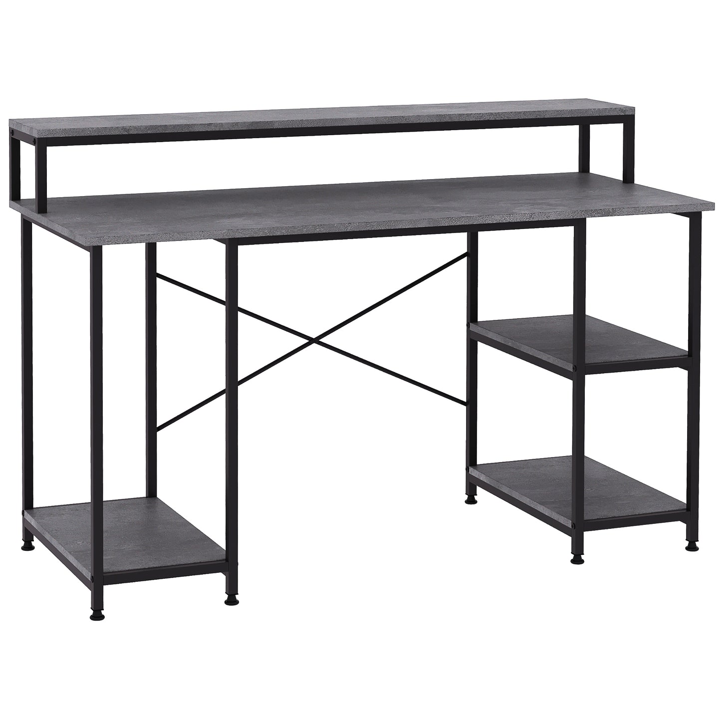 55 Inch Home Office Computer Desk Study Writing Workstation with Storage Shelves, Elevated Monitor Shelf, CPU Stand, Durable X-Shaped Construction, Grey Wood Grain