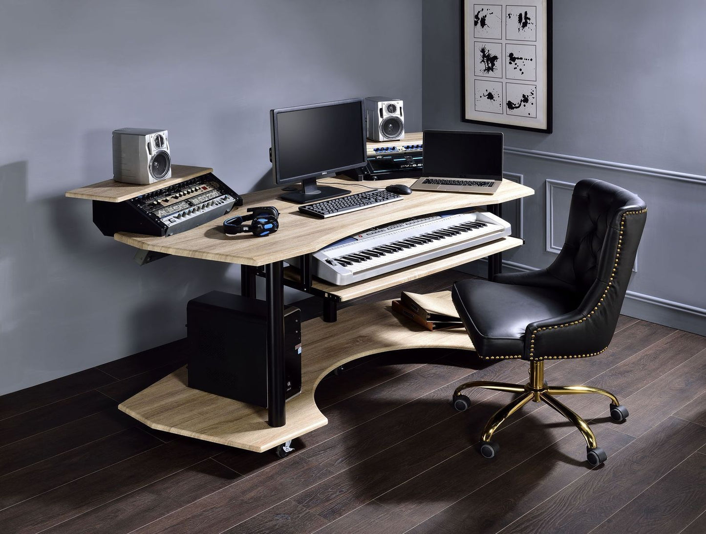 Eleazar Natural Oak Finish Music Studio Desk with Multi-Function Hutch