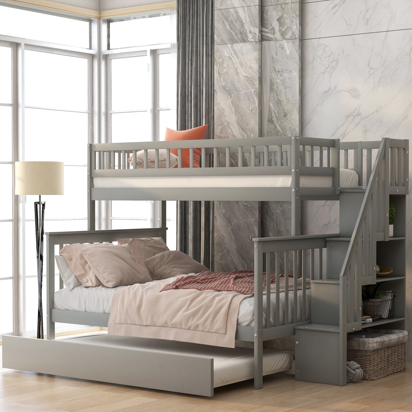 Gray Twin over Full Bunk Bed Set with Trundle, Staircase, and Storage