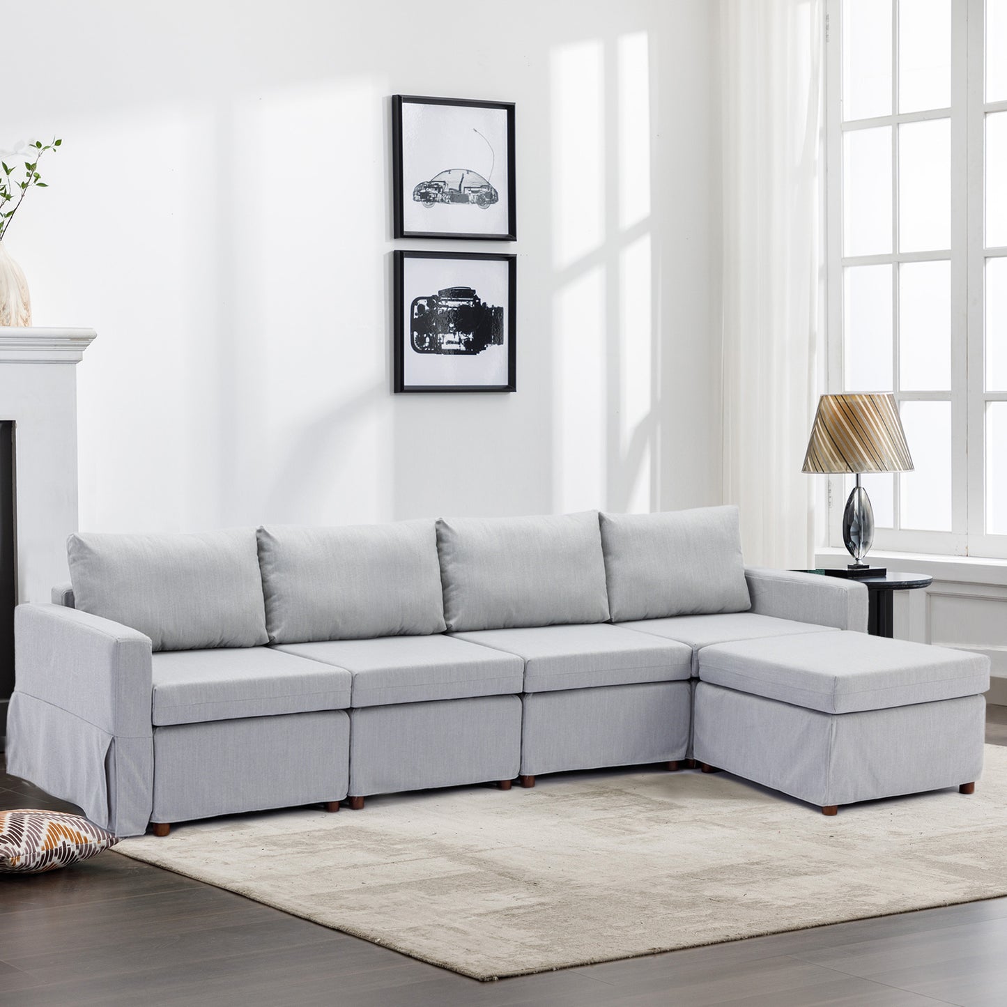 4-Seat Modern Light Grey Sectional Sofa Set with Ottoman and Washable Cushions