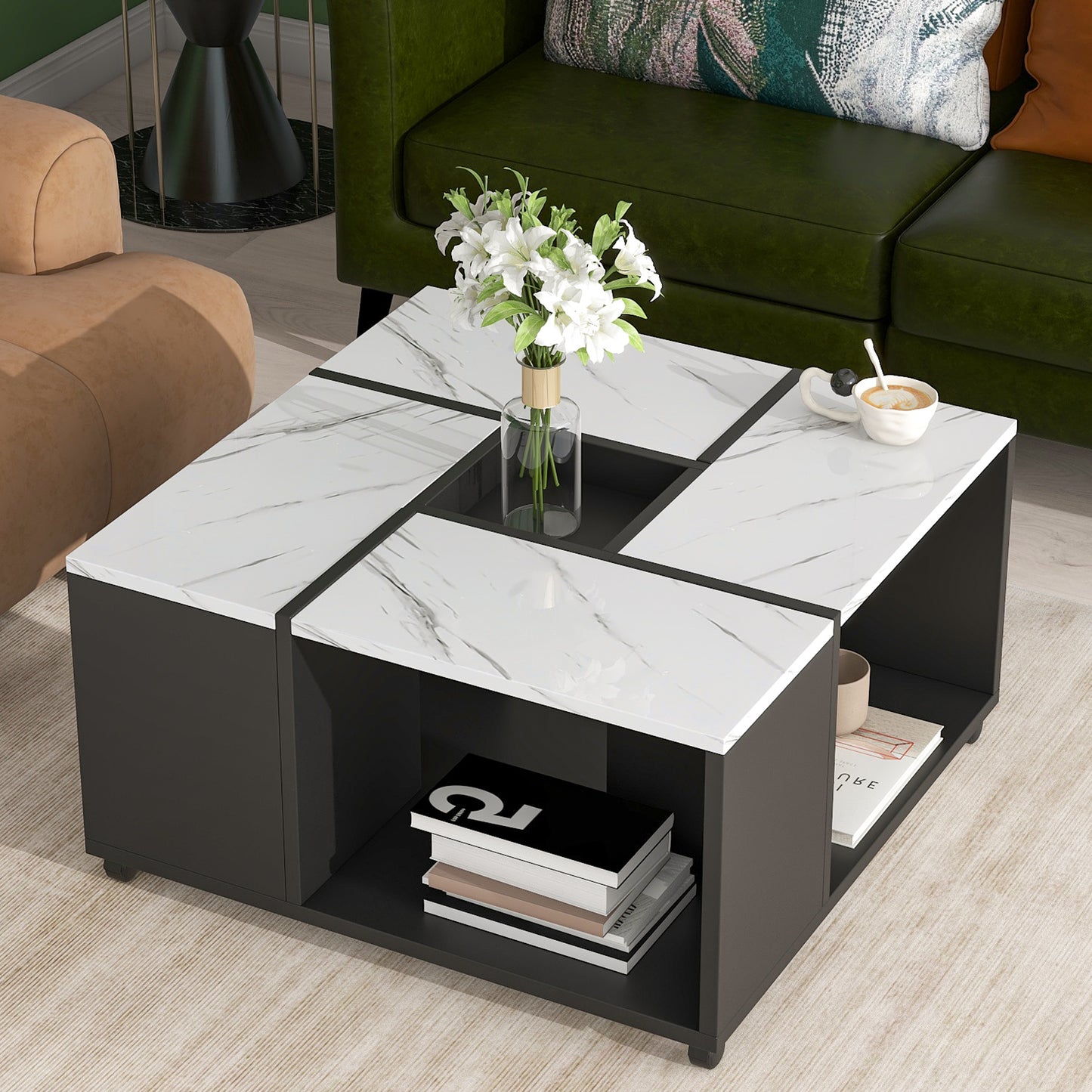 Luxurious Marble Design Coffee Table with Convenient Mobility, Ample Storage, and Modern Appeal