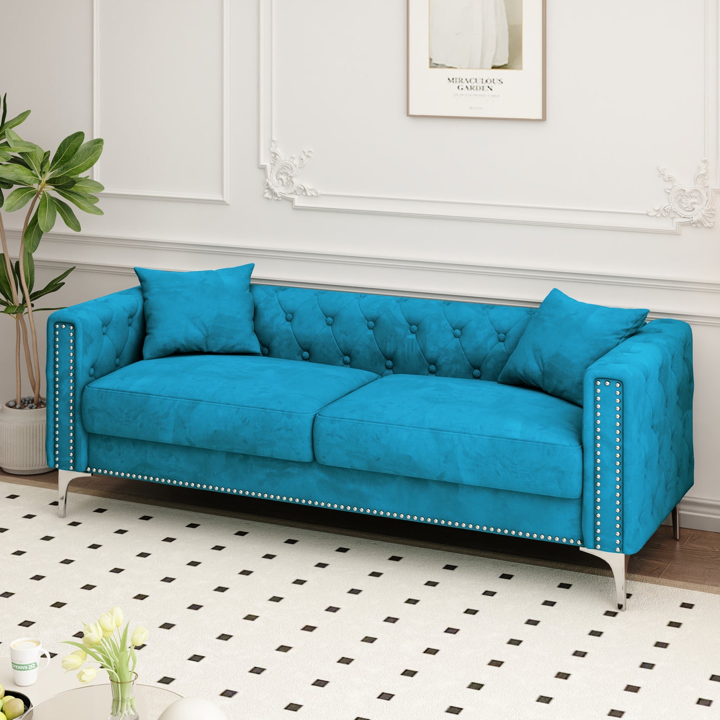 Sofa includes 2 pillows, 83 "blue velvet triple sofa, suitable for large and small Spaces