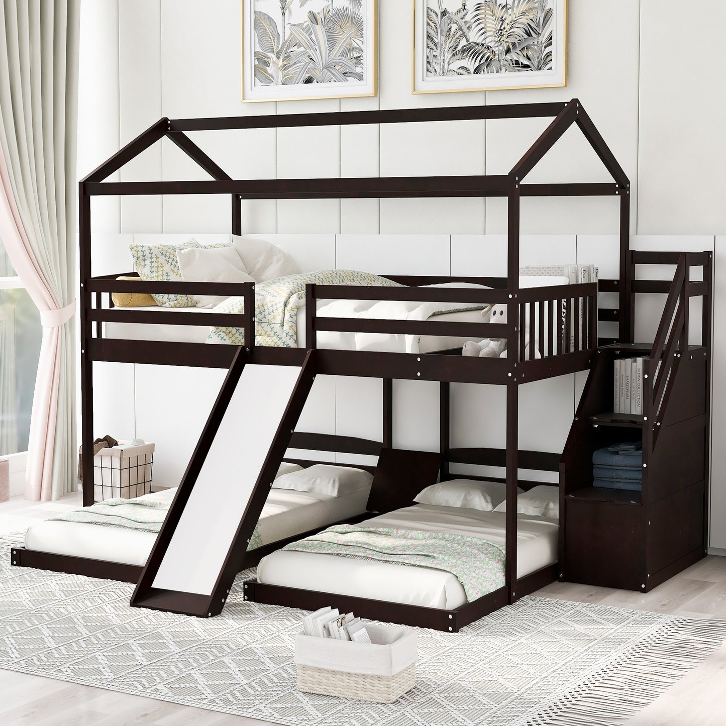 Versatile Full over Twin & Twin Bunk Bed in Espresso with Slide and Storage Staircase