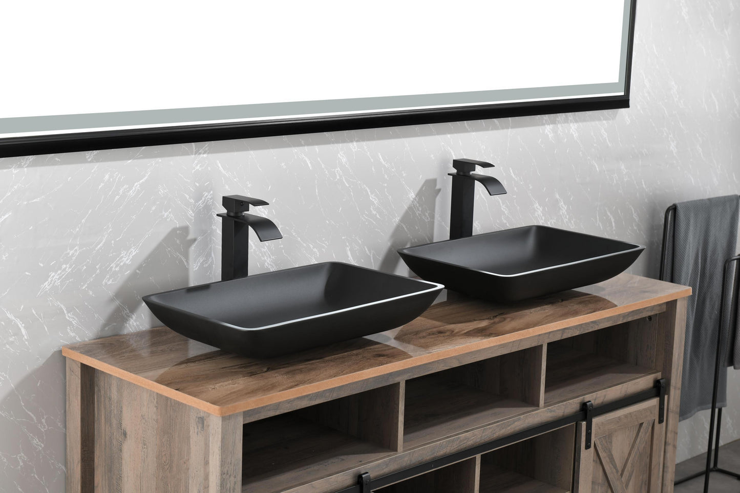 Black Matte Glass Rectangular Vessel Bathroom Sink Set with Faucet and Pop-Up Drain