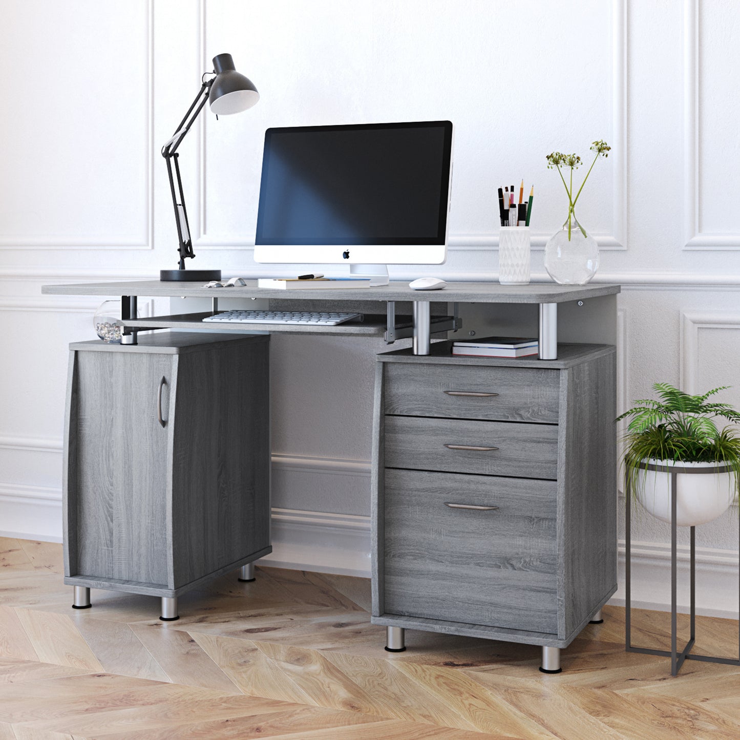 Elegant Grey Workstation Desk with Abundant Storage Space