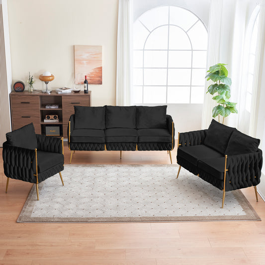 Modern 3-Piece Velvet Upholstered Handmade Woven Back Sofa Sets with Sturdy Metal Legs, Including Three Seat Couch Loveseat, and Single Chair for Living Room, Black Velvet