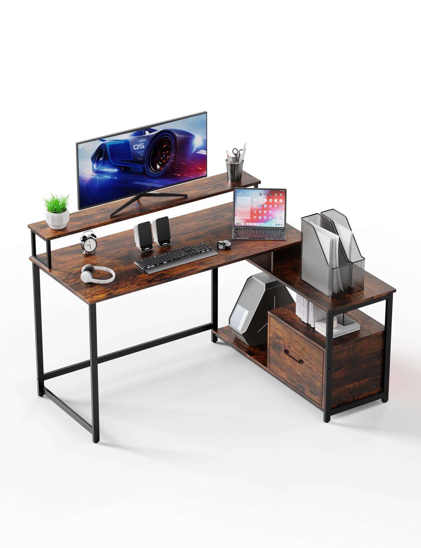 Rustic Brown L-Shaped Home Office Computer Desk with LED Strip, Power Outlet, Monitor Shelf, and Printer Storage Shelf