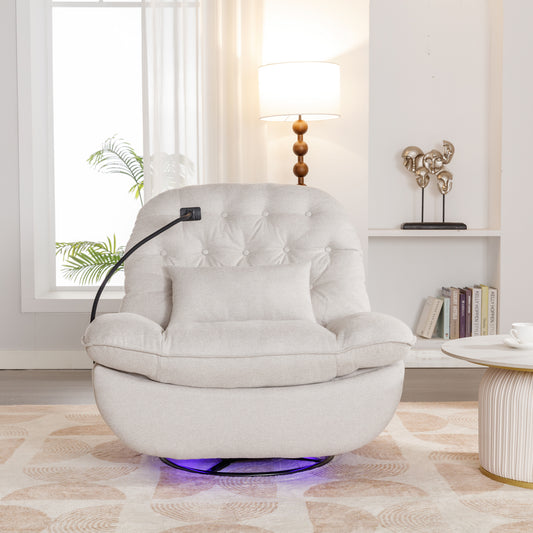 Smart Beige Power Recliner with Swivel, Voice Control, Bluetooth, USB Ports, Atmosphere Lamp, and Mobile Phone Holder