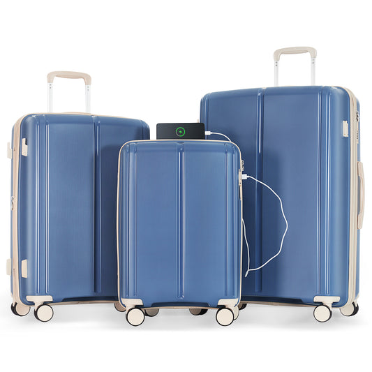 Luggage Sets 3 Piece Suitcase Set 20/24/28 with USB Port,Carry on Luggage Airline Approved,PP Lightweight Suitcase with Spinner Wheels, Blue and Ivory