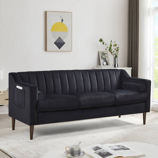 Modern Chesterfield sofa couch, Comfortable Upholstered sofa with Velvet Fabric and Wooden Frame and Wood Legs for Living Room/Bedroom/Office Black --3 Seats