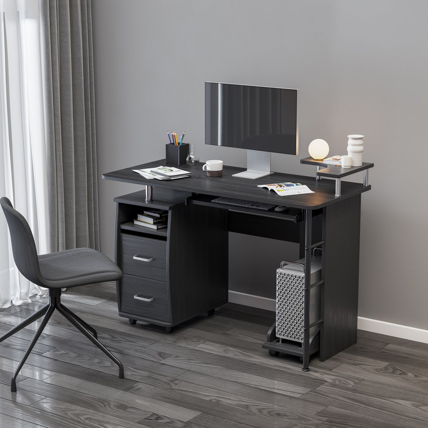 Sleek Black Solid Wood Computer Desk with Storage Shelves and Planting Shelf - 47.24''L x 21.65''W x 34.35''H