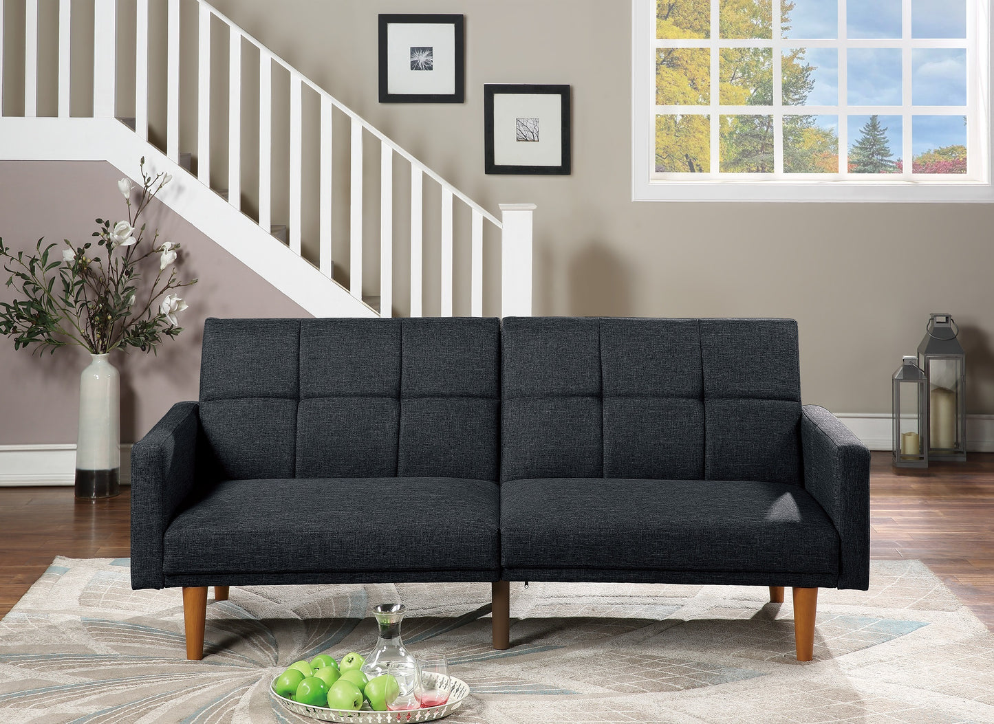 Transitional Look Living Room Sofa Couch Convertible Bed Black Polyfiber 1pc Tufted Sofa Cushion Wooden Legs