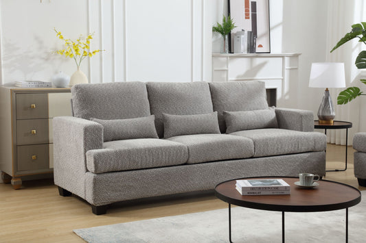 Modern 3-Seater White and Gray Fabric Sofa with Square Armrest and Waist Pillows