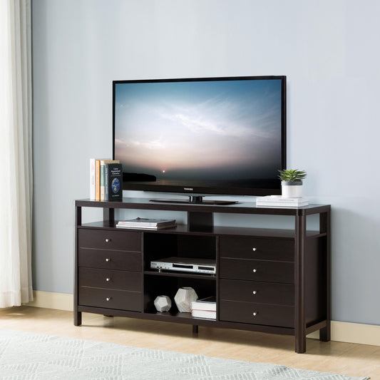 Modern Red Cocoa TV Stand and Buffet with Two-Tier Shelving and Eight Drawers.