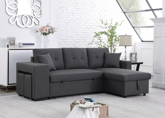 Gray Linen Fabric Sectional Sofa Bed with Storage Chaise and 2 Stools