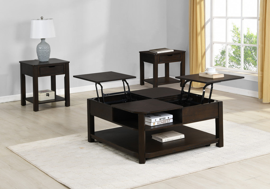 Flora 3 Piece Dark Brown MDF Lift Top Coffee and End Table Bundle