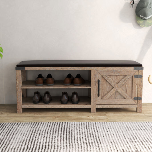 Modern Farmhouse Shoes Bench With Seat Cushion, Tobacco Wood