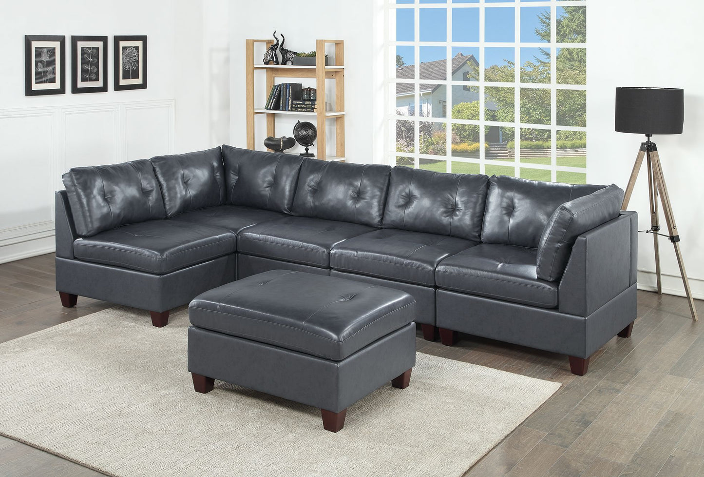 Contemporary Black Genuine Leather Modular Sectional Set with Tufted Detail