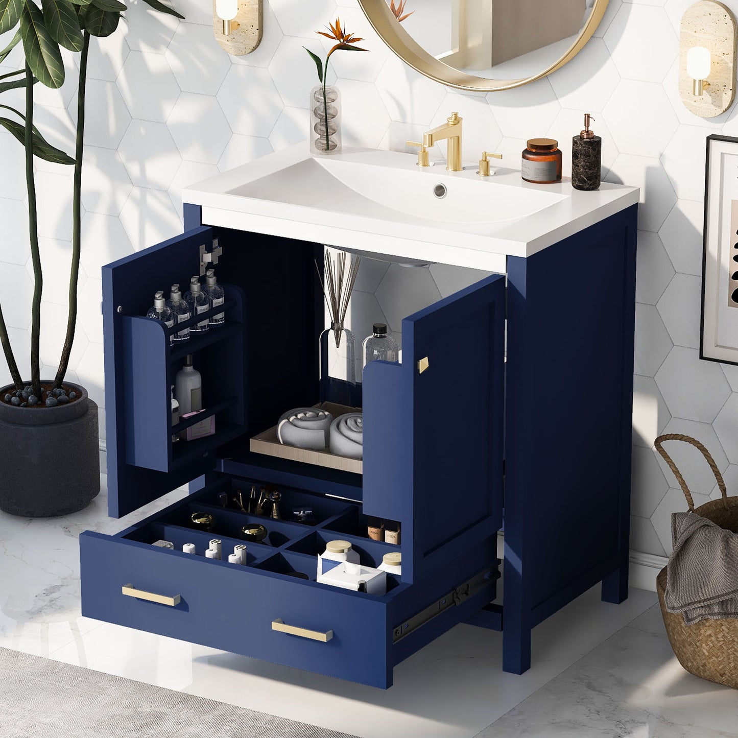 30" Blue Bathroom Vanity with Single Sink, Combo Cabinet Undermount Sink, Bathroom Storage Cabinet with 2 Doors and a Drawer, Soft Closing, Multifunctional Storage, Solid Wood Frame