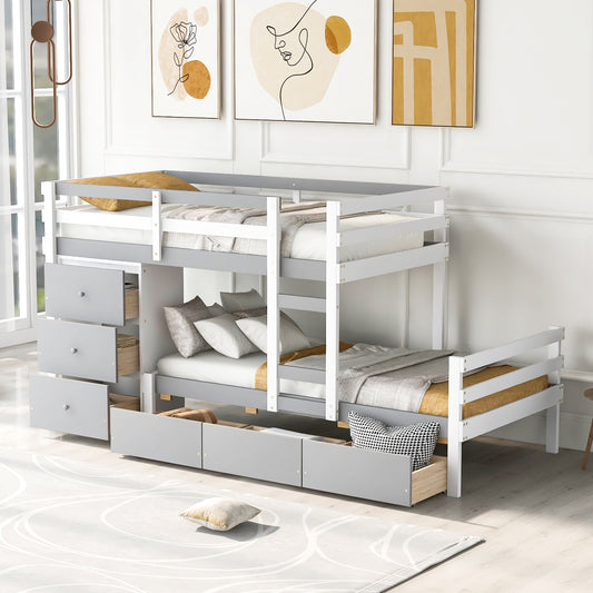 Twin Over Twin Loft Bunk Bed with Storage Drawers, Ladder, and Gray Finish