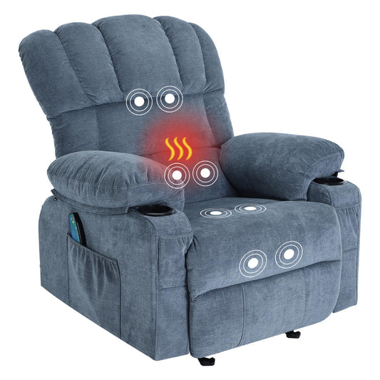 Massage Heating Recliner Chair with USB and Cup Holders (Blue)