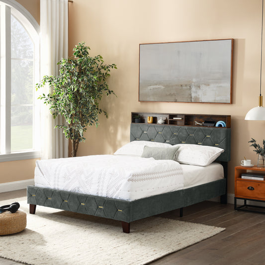 Full Size Bed Frame, Shelf Upholstered Headboard, Platform Bed with Outlet & USB Ports, Wood Legs, No Box Spring Needed, Easy Assembly, Grey