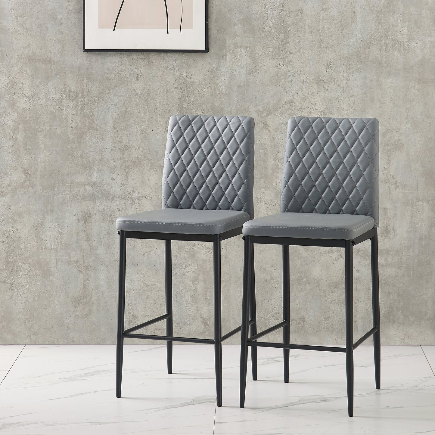 Modern Light Gray Diamond Grid Bar Chair Set with Fireproof Leather & Metal Pipes - 2-Piece