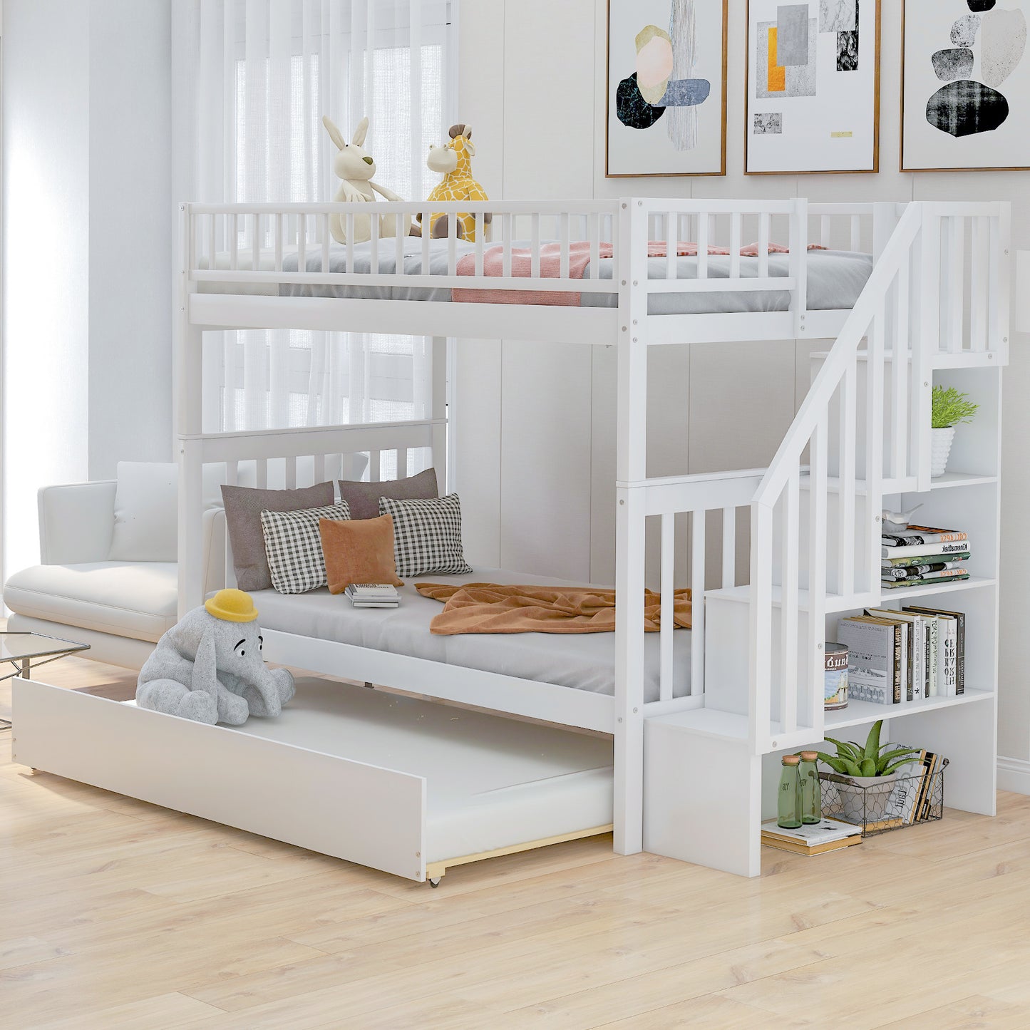 White Twin Bunk Bed with Trundle, Storage, and Convertible Design