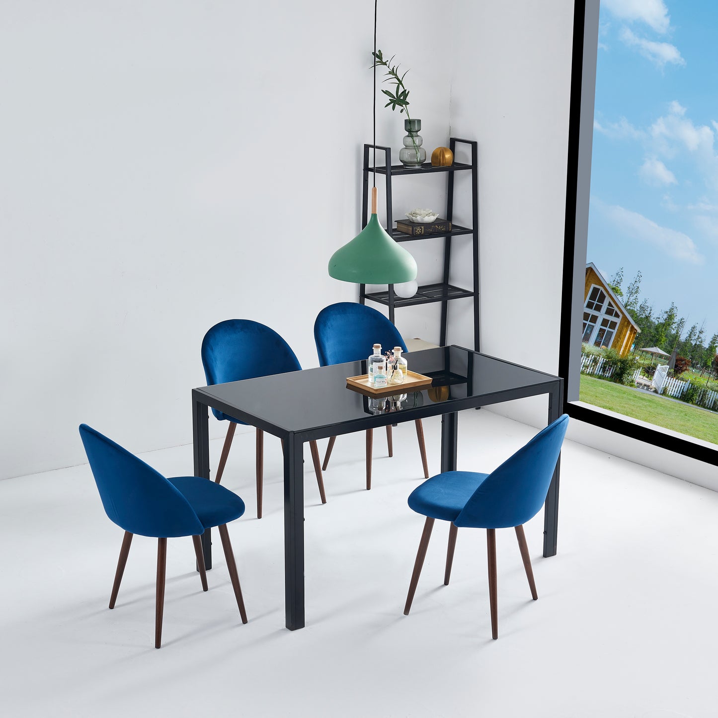 INO Design 5 Piece Dining Set for Glass Top Rectangular Kitchen Table, 4 Accent Chairs with Soft Velvet Seat & Backrest - Upholstered Side Chairs with Metal Leg (Blue)