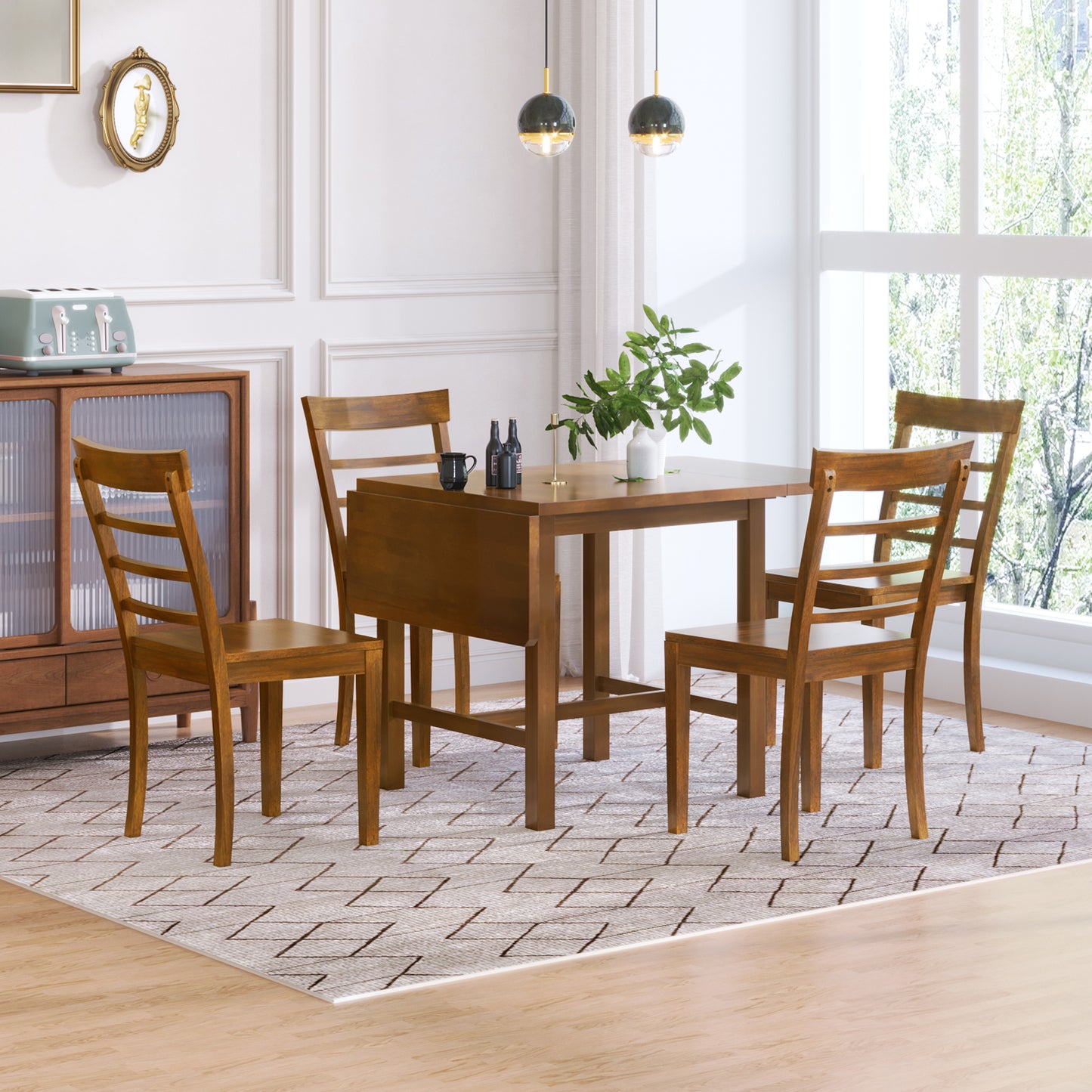 5-Piece Wood Square Drop Leaf Breakfast Nook Extendable Dining Table Set with 4 Ladder Back Chairs for Small Places, Brown