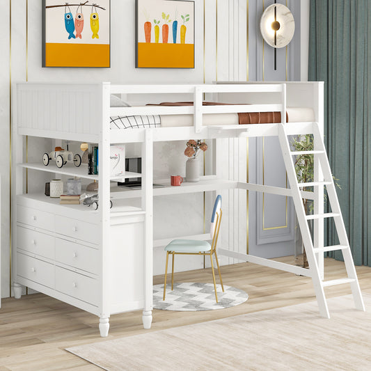 Full size Loft Bed with Drawers and Desk, Wooden Loft Bed with Shelves - White