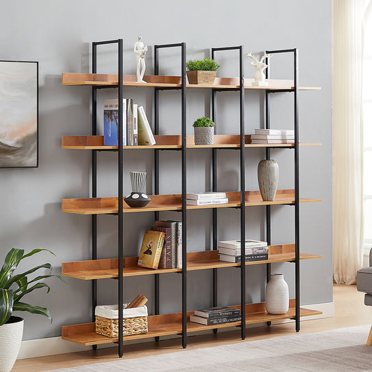 5 Tier Bookcase Home Office Open Bookshelf, Vintage Industrial Style Shelf, MDF Board, Black Metal Frame, Brown