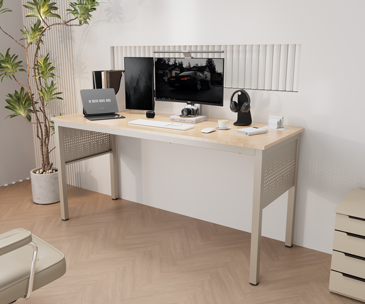 Beige Home Office Desk Workstation with Unique Metal Decorative Panel