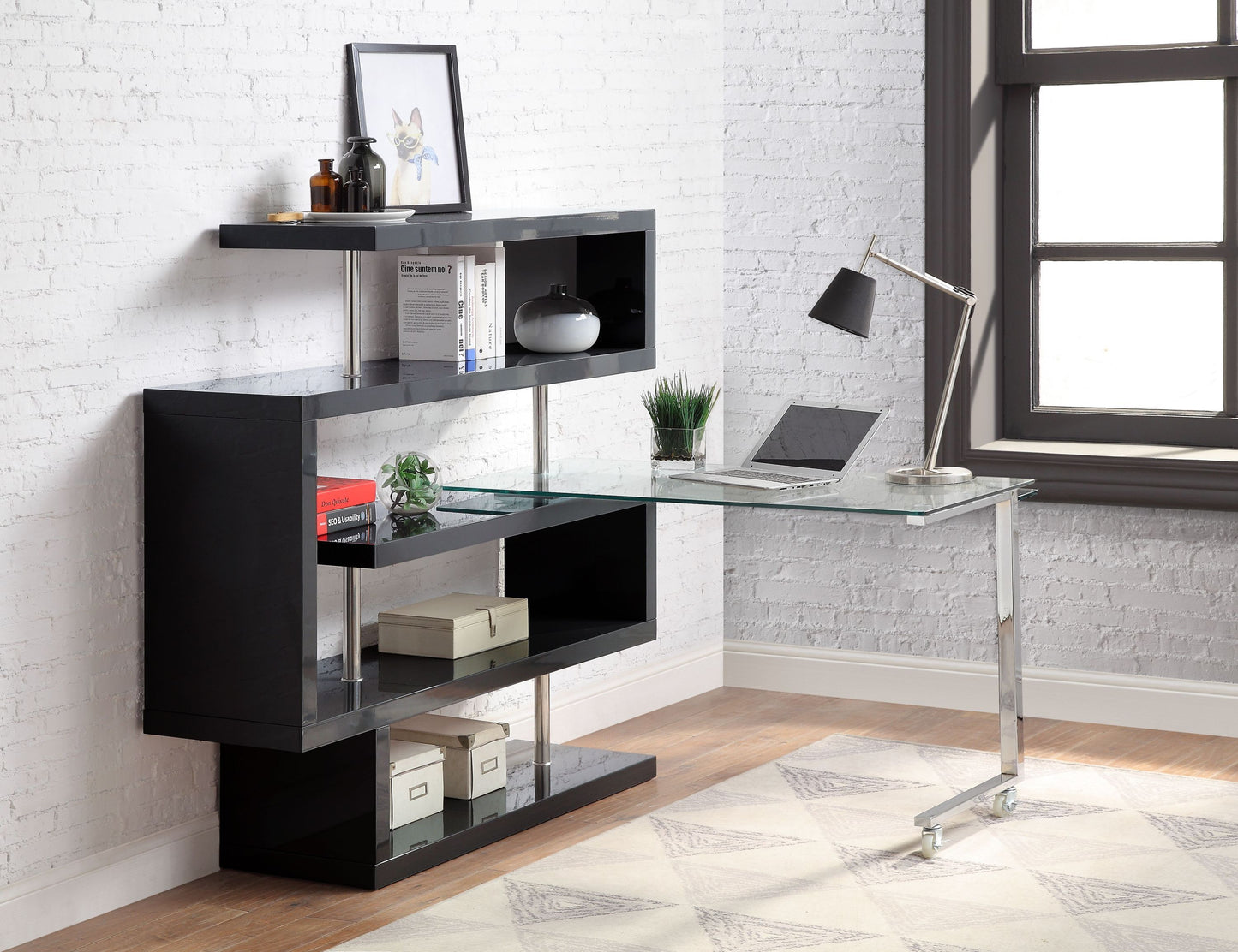 Modern Glass-Top Writing Desk with S-Shaped Shelf, Black and Chrome Finish