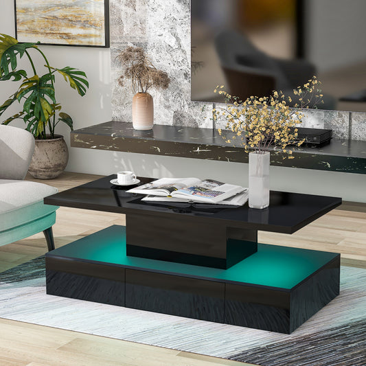 Glossy Black LED Coffee Table with Drawer and Double-Tiered Storage