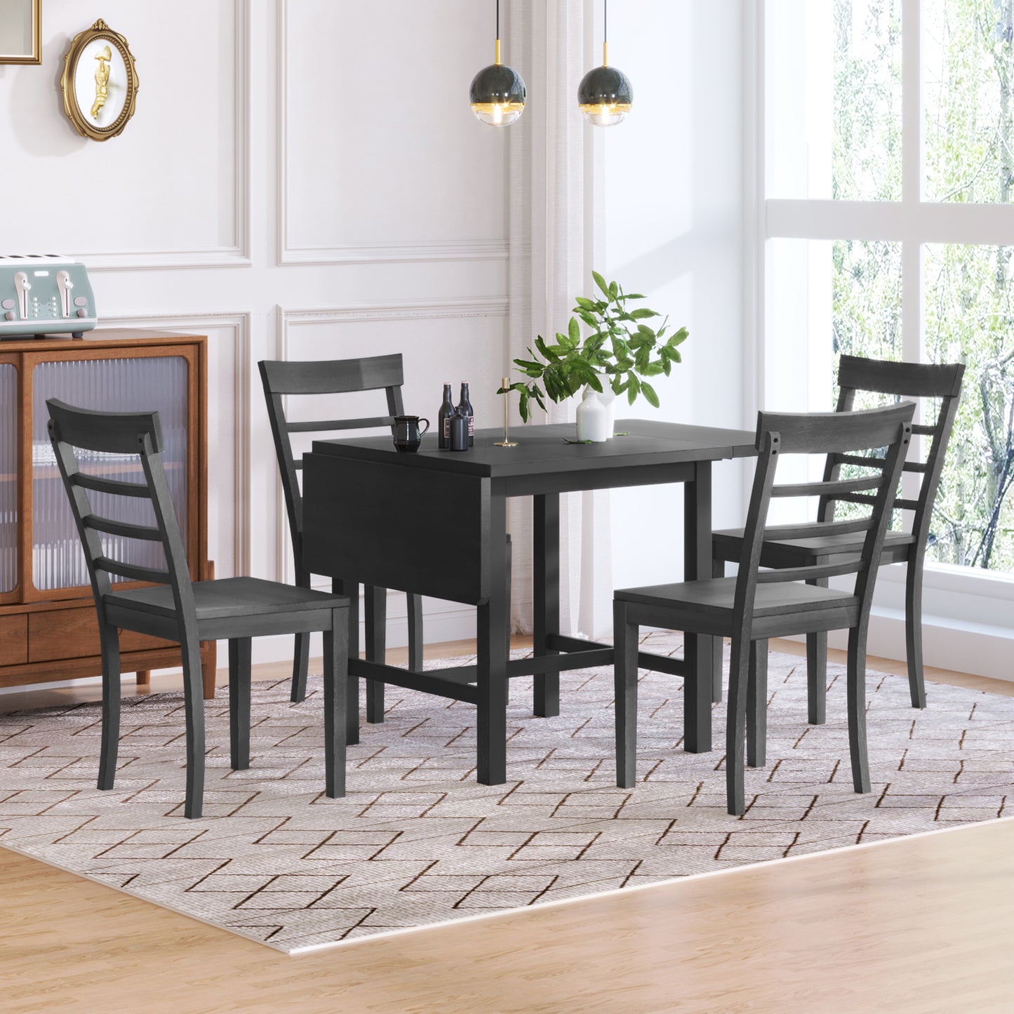 5-Piece Wood Square Drop Leaf Breakfast Nook Extendable Dining Table Set with 4 Ladder Back Chairs for Small Places, Gray