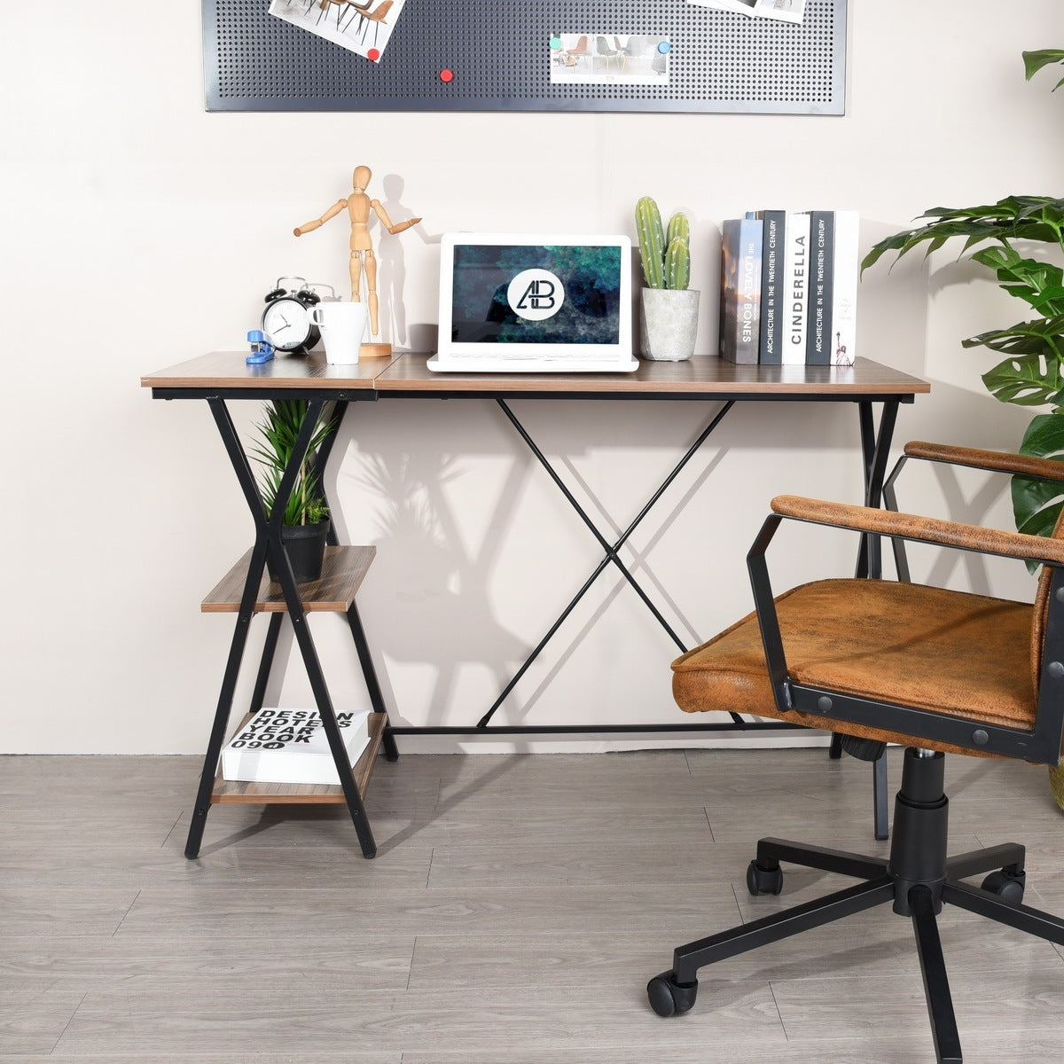 Brown and Black Computer Desk with Two Layers for Efficient Work Completion