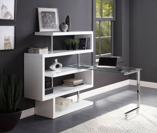 Sleek Clear Glass Writing Desk with Curved Shelf and White & Chrome Finish