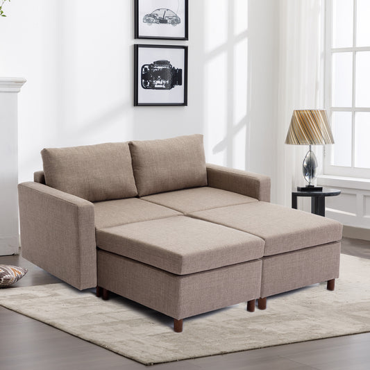 2 Seater Modular Sectional Sofa Set with 2 Ottomans for Living Room, Brown Linen Upholstery