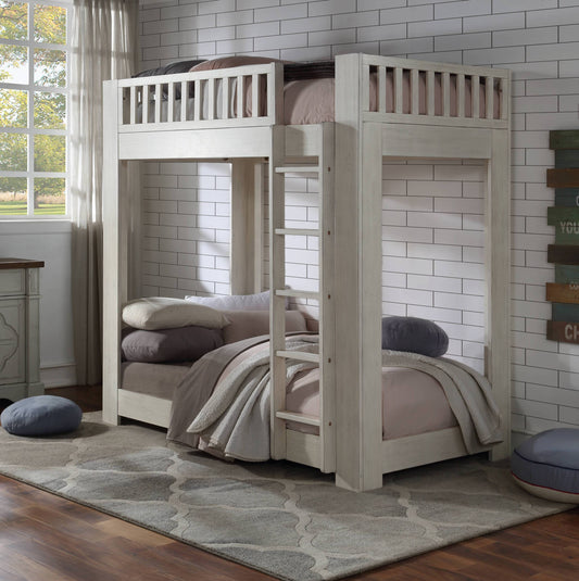 Rustic White Twin Bunk Bed with Slatted Guardrails