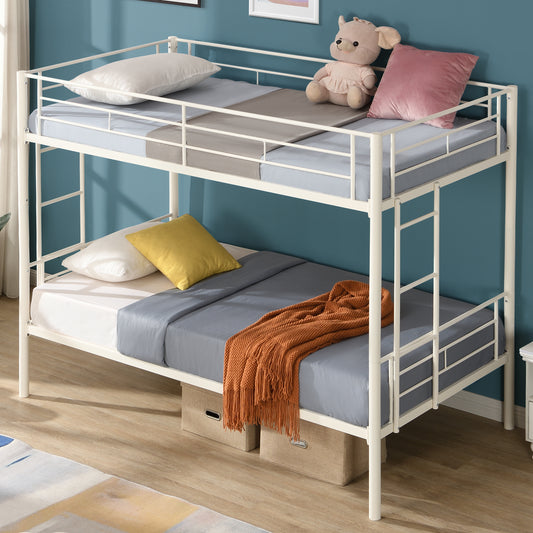 White Metal Convertible Twin Bunk Bed with Safety Guardrails and 2 Ladders