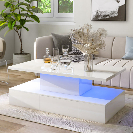 Luxurious White Coffee Table with LED Lighting and Drawer