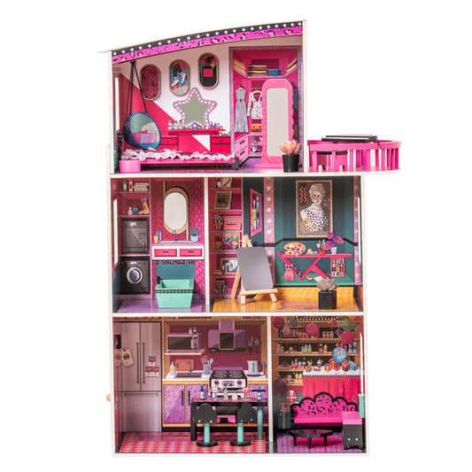 Vintage 90's Inspired Wooden Dollhouse with 25 PCS Furniture and Accessories