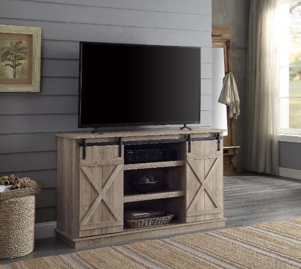 Bellona Oak Finish TV Stand with Sliding Barn Doors, Industrial Style